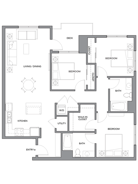 Floor plan for 3 beds, 2 baths, 1380 sqft